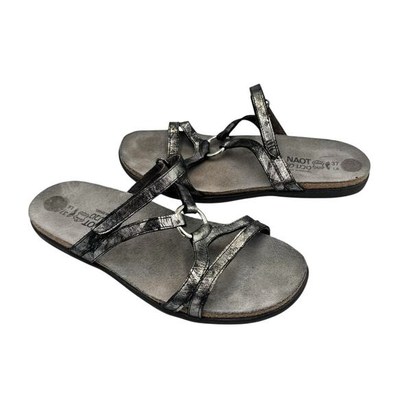 Naot Carmen Pewter Metallic Leather Adjustable Hook & Loop Comfort Sandals - Picture 2 of 8